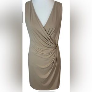 Boston Proper Taupe lined Faux Wrap Sleeveless Dress size Small-Gold bar accent